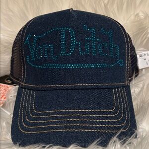 New! Von Dutch Navy Rhinestone Logo Denim Trucker Hat
